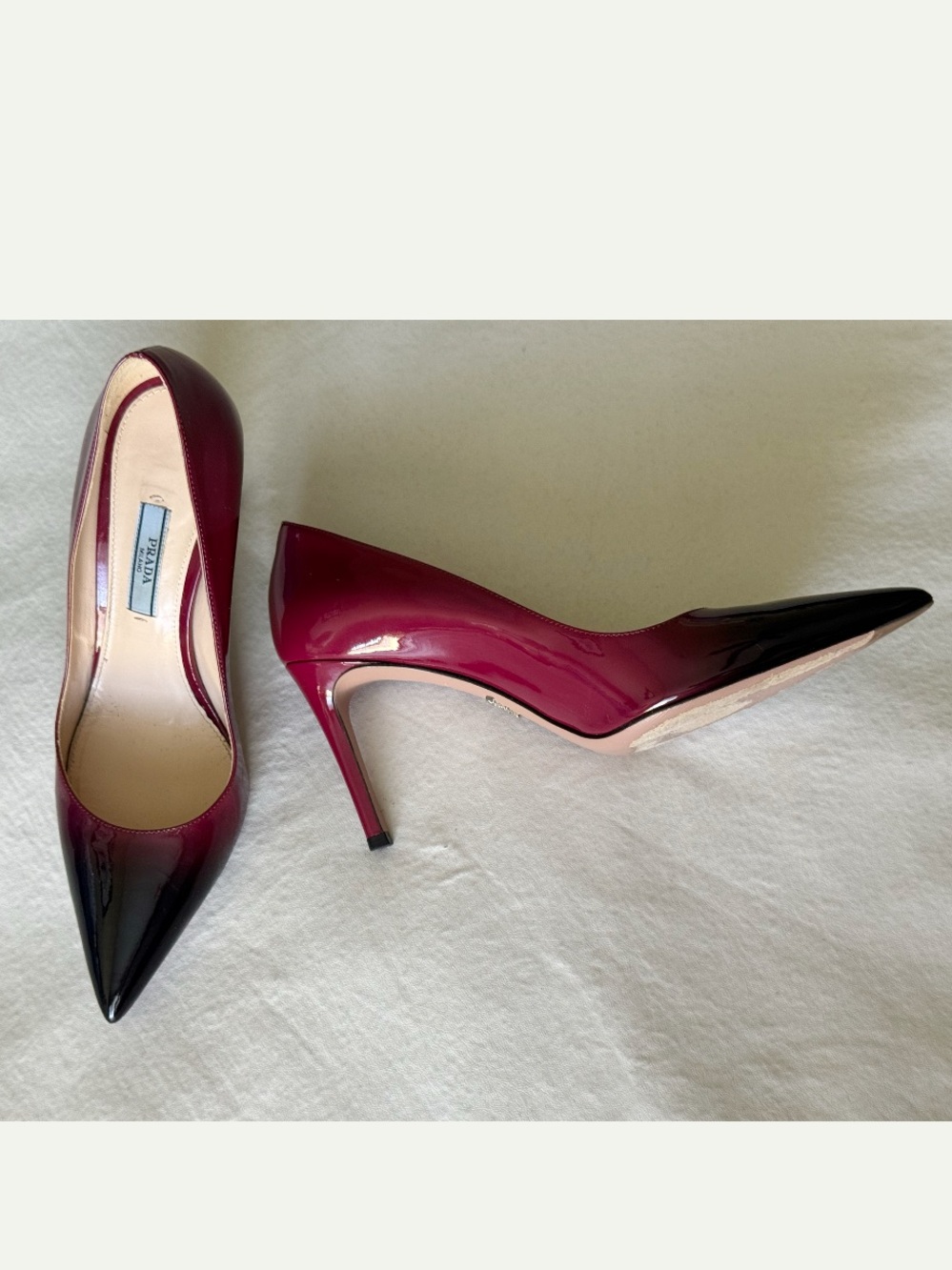 Prada Milano Patent Leather Ombre Pointed-Toe Pumps - Burgundy/Black Size 37